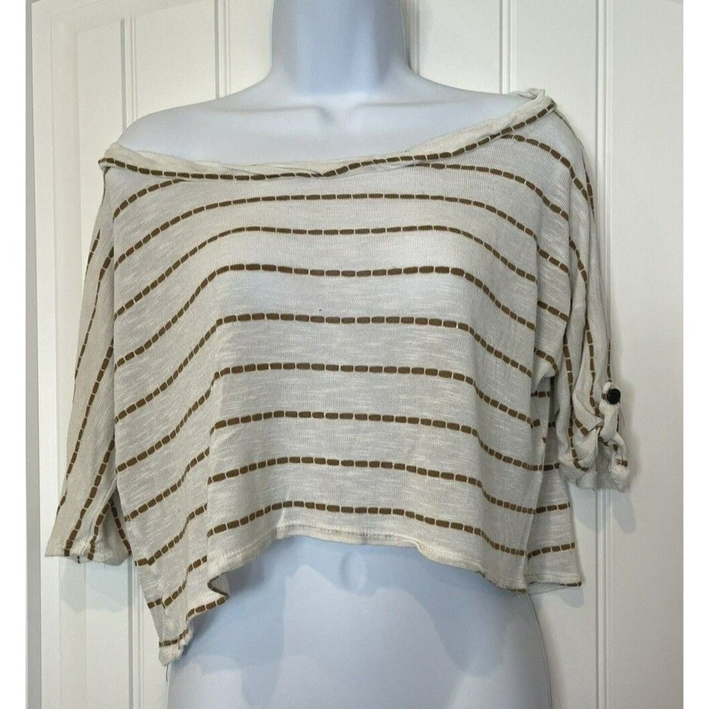 Janeric Pullover Cropped Top Womens Medium White & Brown Loose Fit Off Shoulder